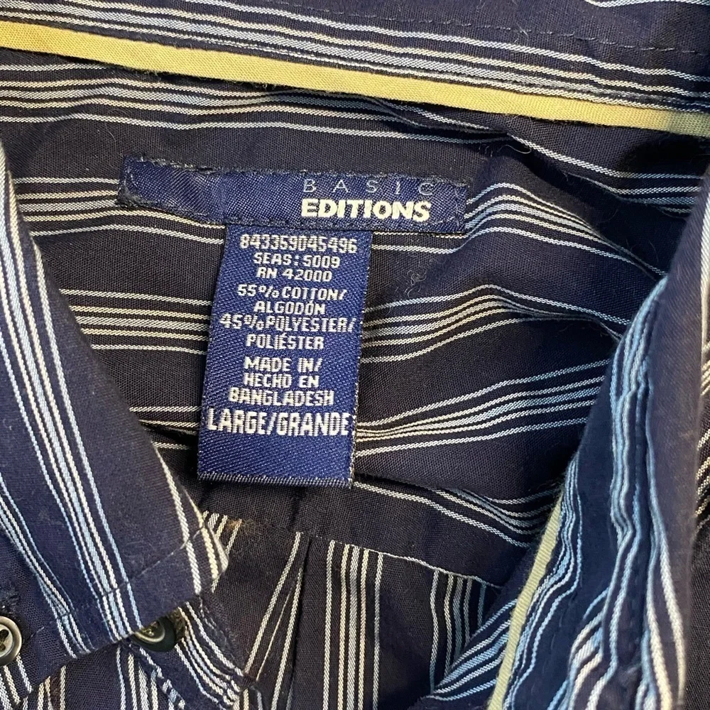 Basic Editions Striped Long Sleeve Button Down Shirt (Size:L, Color:Navy/White) - Picture 3 of 3